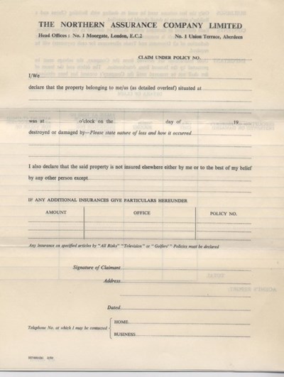 Northern Assurance Company claim form 1959