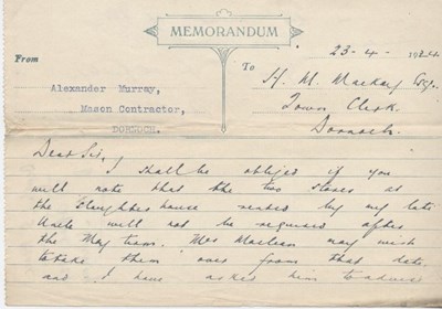 Letter re. rent of stores at slaughterhouse 1924