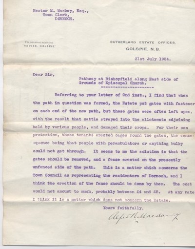Letter re. pathway at Bishopsfield 1924