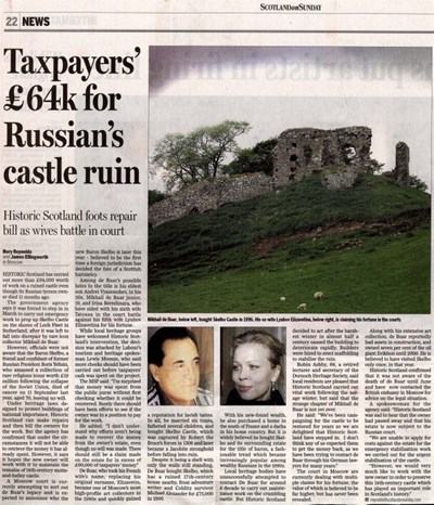 Newspaper cutting  'Taxpayers' £64K for Russian's castle ruin'