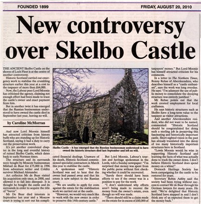 Newspaper cutting  'New controversy over Skelbo Castle'