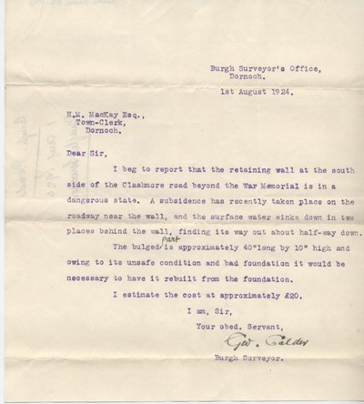 Letter re. dangerous wall on Clashmore road 1924