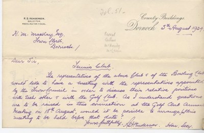 Letter re. tennis and bowling clubs 1924