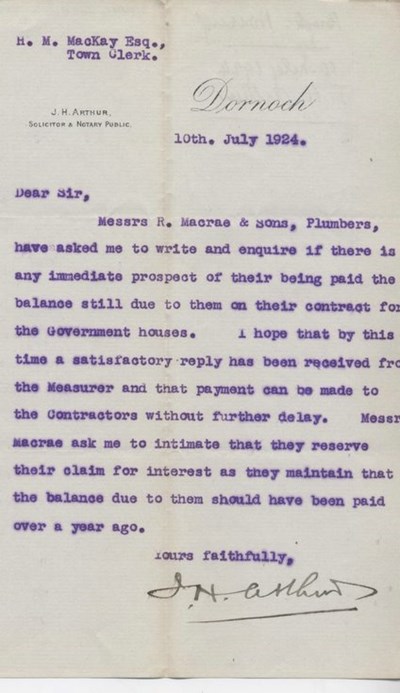Letter re. late payment housing scheme 1924
