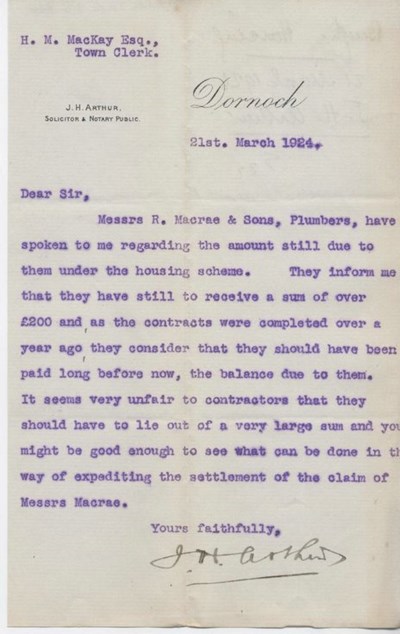 Letter re dispute with contractors 1924