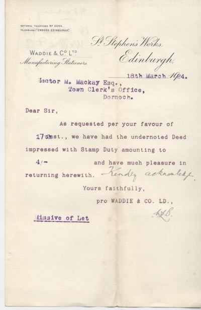Letter re. stamp duty 1924