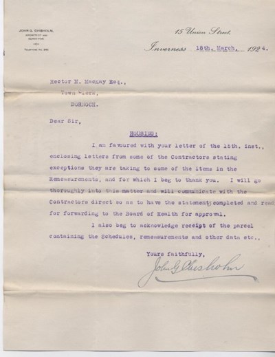 Letter re. dispute with contractors 1924