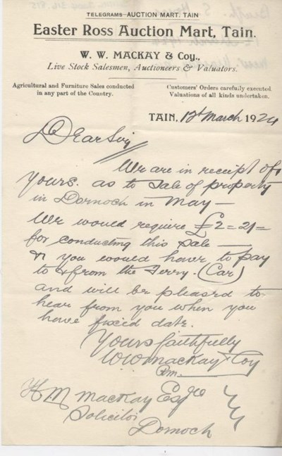 Letter re. property auction 1924