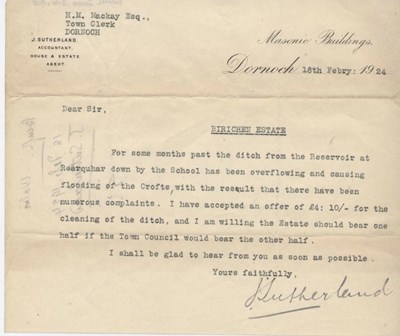 Letter re. flooding at Birichen 1924
