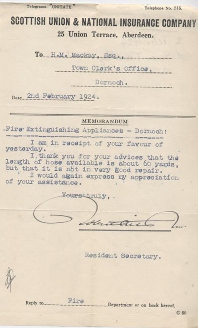 Letter re. fire extinguishing appliances 1924