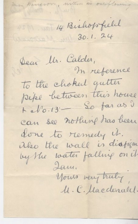 Complaint re. blocked gutter 1924