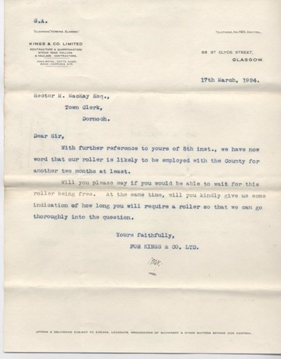 Letter re. hire of steam roller 1924