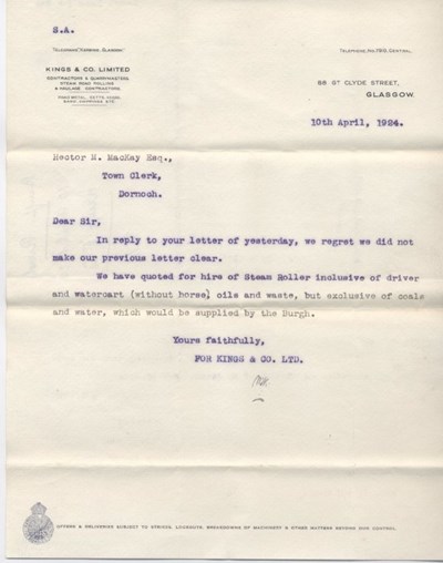 Letter re. road roller 1924