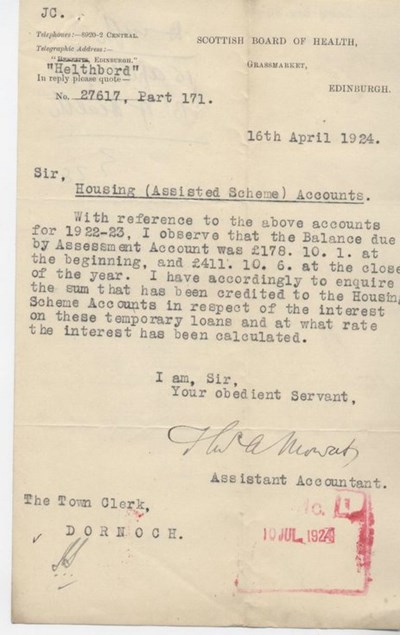 Letter re. interest on housing loan 1924
