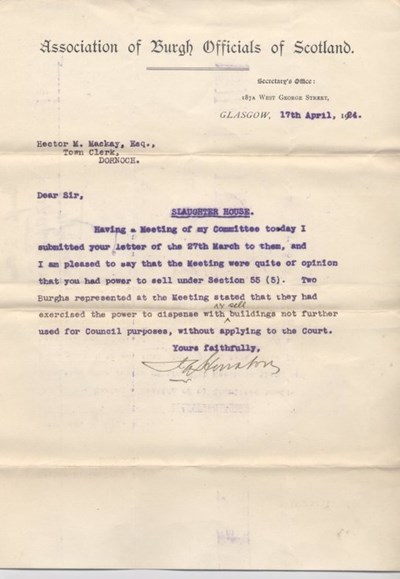 Letter re. sale of slaughterhouse 1924