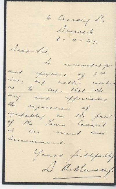 Acknowledgment of condolences 1924
