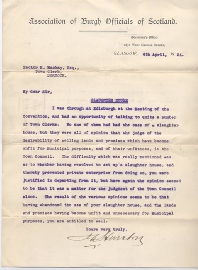 Letter re. sale of slaughterhouse 1924