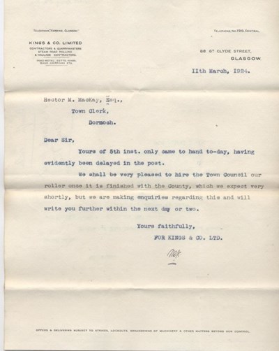 Letter re. hire of steam roller 1924