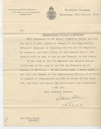 Letter re. Registration Officer's expenses 1924