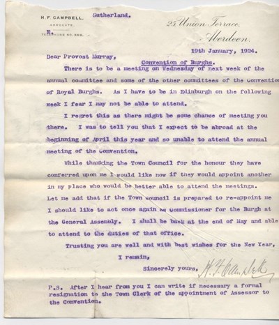 Letter re. attendance at Convention of Royal Burghs 1924