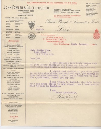 Letter re. purchase of road roller 1924