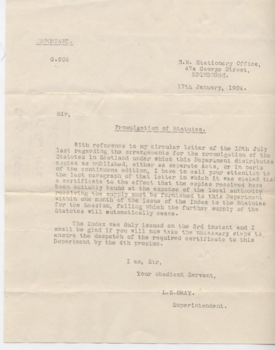 HMSO circular re. promulgation of statutes 1924
