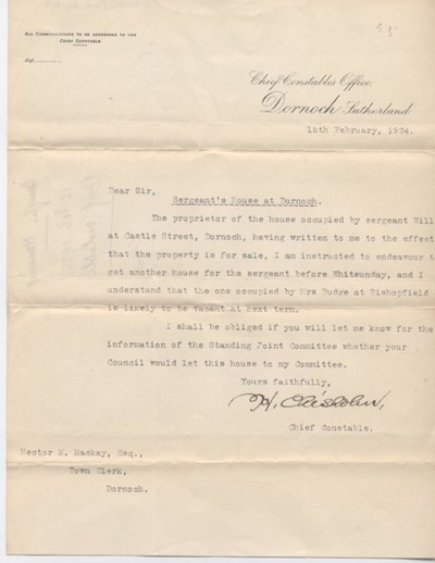 Letter re. house for police sergeant 1924