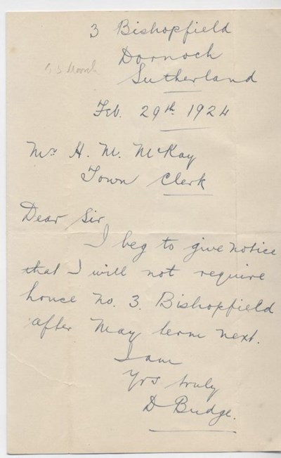 Letter re. house at Bishopfield 1924