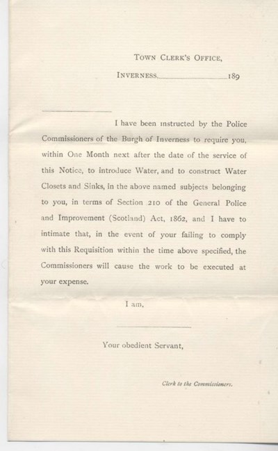 Official form re provision of water supply 1890s