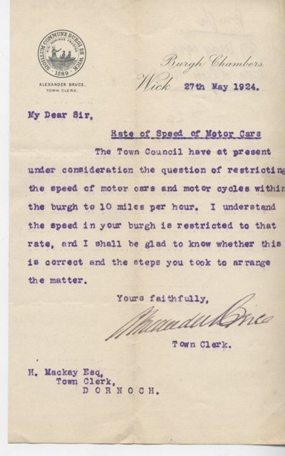 Letter re speed limit 1924
