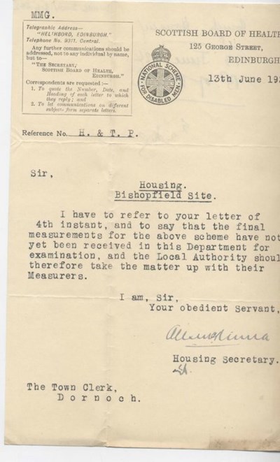 Letter re housing scheme measurements 1924
