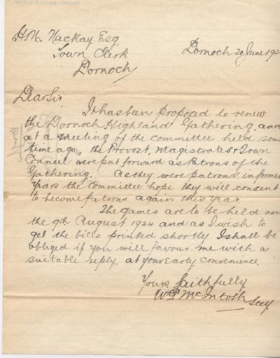 Letter re revival of Dornoch Highland Gathering 1924