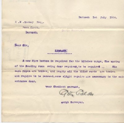 Letter re repairs at library 1924