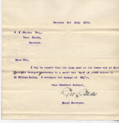 Letter re damage to lamp post 1924